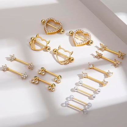8 Pairs Gold Plated Nipple Rings for Women 14G Surgical Stainless Steel Nipple Piercing Jewelry Heart Cherry Butterfly Flower Nipple Barbells - color: Gold Tone Clear CZ