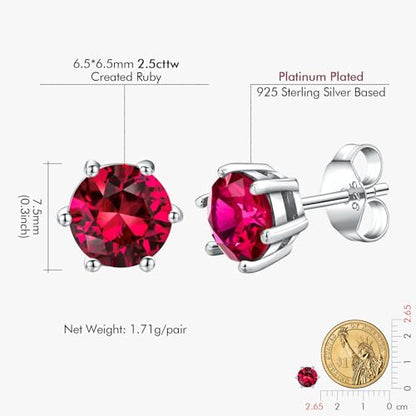 DAYBYDAY 925 Sterling Silver Birthstone Earrings for Women, Crystal Stud Earrings, 6.5mm Round Cut Solitaire Gemstone Earrings Birthday Jewelry - style: Round Cut-07. Jul/created ruby