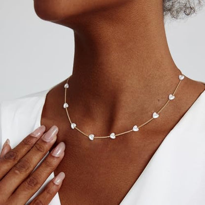 HERIER Cute Heart Necklace Dainty 18k Gold Plated Tiny Heart Pendant Choker Necklaces Small Gold Love Open Heart Chain Necklace for Women Simple Gold Necklace for Women Trendy Jewelry - color: Heart Pearl Necklace-Gold