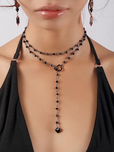 Sacina Long Lariat Beaded Heart Choker Necklace, Goth Emo Punk Grunge Necklace - color: Black