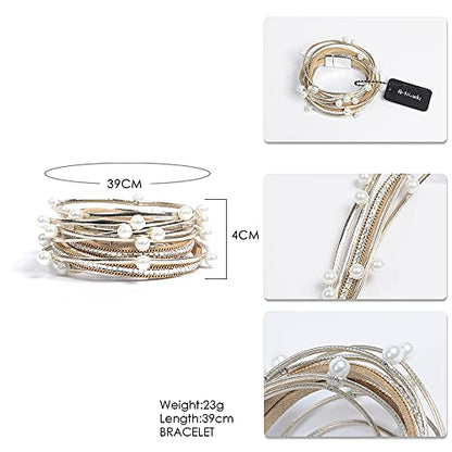 Artilady Leather Wrap Bracelet for Women, Pearl Beaded Bangle Stack Jewelry | Easy on-off, Elegant Handmade Multi-Layered, Daily Casual Date Beach Vacation, Gift for Ladies, Mother, Sister & Friend - style: Gold