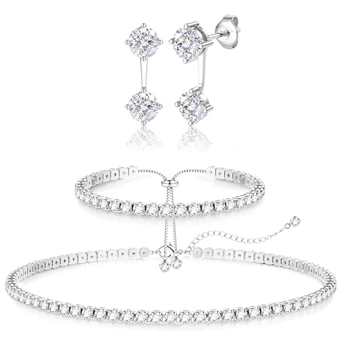 LOLIAS Silver Jewelry Set for Women Tennis Necklace Bracelet Hypoallergenic | Wedding Jewelry Sets for Brides Bridemaid,Costume Party Prom Accessories,Chockers Necklace CZ Tennis Bracelet Earrings Studs - style: Tennis Necklaces Bracelet+Ear Jacket Earrin