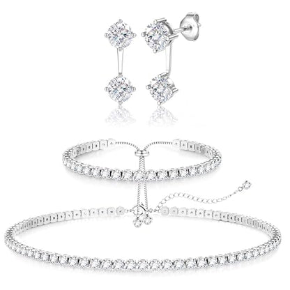 LOLIAS Silver Jewelry Set for Women Tennis Necklace Bracelet Hypoallergenic | Wedding Jewelry Sets for Brides Bridemaid,Costume Party Prom Accessories,Chockers Necklace CZ Tennis Bracelet Earrings Studs - style: Tennis Necklaces Bracelet+Ear Jacket Earrin