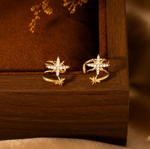 Star 14K Gold Plated Ear Cuff Earrings for Women Non Piercing, Dainty Silver Plated Clip on Cartilage Ear Cuff Non Pierced Trendy CZ Northstar Starburst Sparkling Climber Clawer Earring Jewelry - style: Two Star-Gold