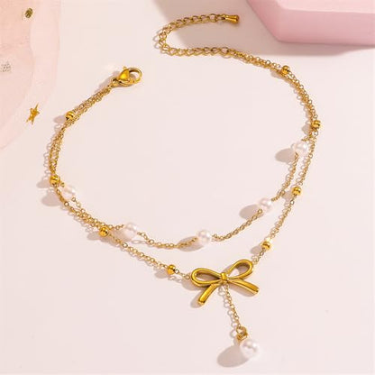 Kokoma Bow Knots Pearl Dangle Anklet for Women Elegant Bows Double Layered Anklets Chain Stackable Adjustable Foot Link Chains Jewelry Stainless Steel