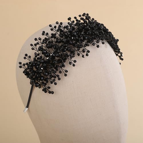 Rhinestones Beads Hair Crown for Wedding Brides Women Tiara Jewelry Handmade Sparkle Hair Piece - color: Black