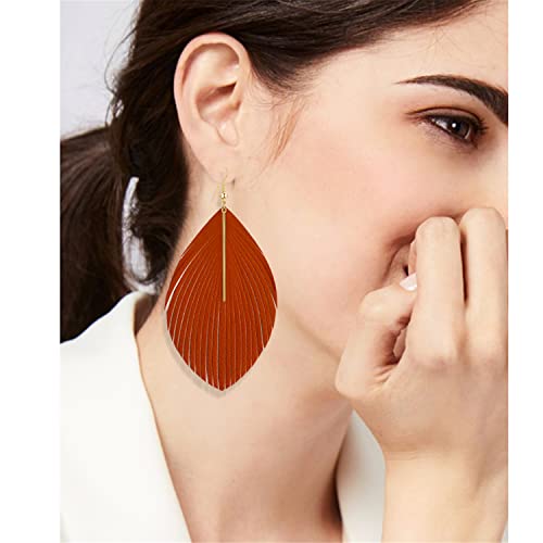 Bohemian Handmade Lightweight Color Large Genuine Soft Leather Fringe Feather Leaf Tear Dangle Drop Earrings for Women Statement - color: Orange