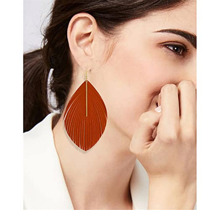 Bohemian Handmade Lightweight Color Large Genuine Soft Leather Fringe Feather Leaf Tear Dangle Drop Earrings for Women Statement - color: Orange