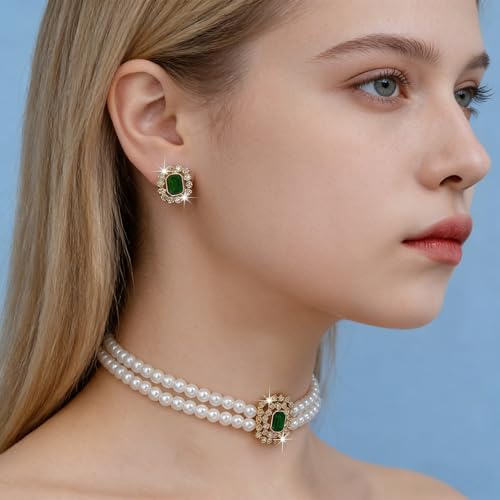 Classic Double Strand Faux Pearl Choker Necklace and Earrings Set with Crystal Accent, Elegant Jewelry for Special Occasions and Everyday Wear - color: green