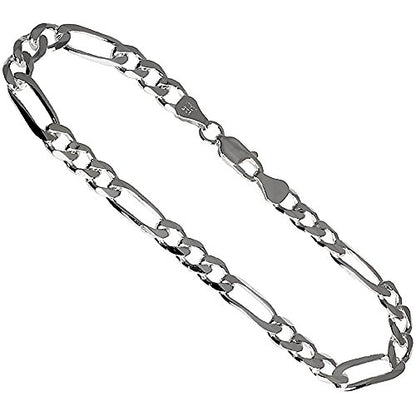 Sterling Silver 6.6mm Figaro Chain Bracelet 8 inch | Solid Beveled Edges Nickel Free High Polished Links Men Women Italy