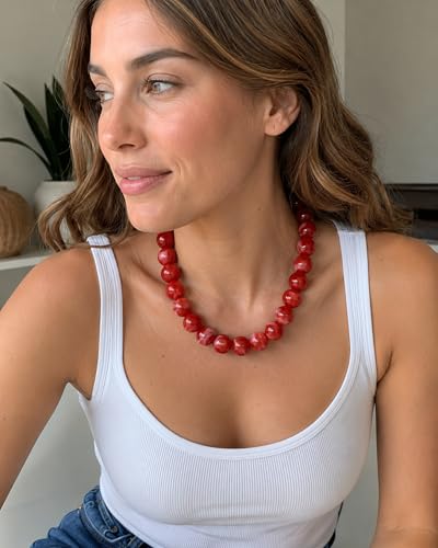 Colorful Chunky Beaded Necklaces for Women Trendy Large Bead Statement Necklace Boho Resin Bead Choker Summer Beach Jewelry Gifts Accessories - color: Red