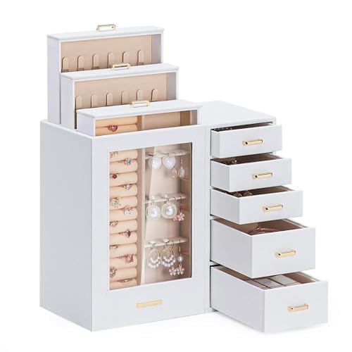 Homde Large Jewelry Box/Organizer/Case with Glass Window, Drawers for Necklaces Earrings Rings Bracelets Watches Gift for Women Girls - color: White