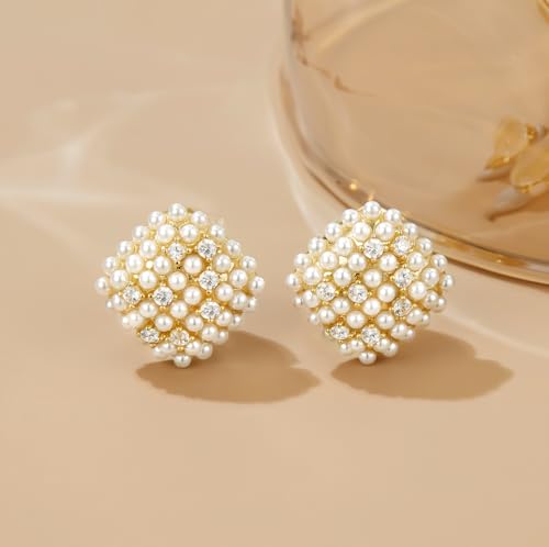 YOQUCOL Simulated Pearl Flower-Cluster Shape Clip On Stud Earrings Non Pierced Ear Earrings for Women - color: Rhombic