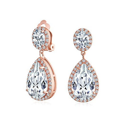 Bling Jewelry Large Teardrop Cubic Zirconia Pave CZ Halo Statement Dangle Clip On Earrings For Women Gold Silver Plated Brass - color: Rose