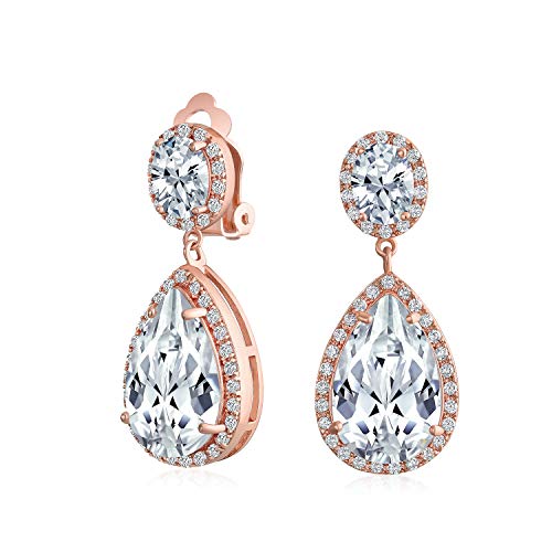 Bling Jewelry Large Teardrop Cubic Zirconia Pave CZ Halo Statement Dangle Clip On Earrings For Women Gold Silver Plated Brass - color: Rose