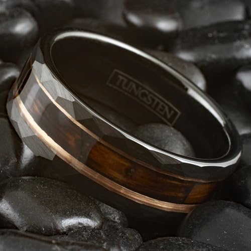 Gorgeous Unique 8mm Brushed Satin Finish Black Tungsten Carbide Faceted Flat Band Ring with Charred Whiskey Barrel Oak Wood Inlay between Rose Gold Stripes.