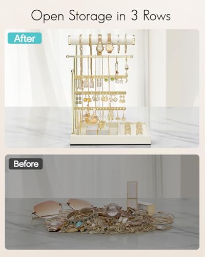 VLANDO Jewelry Stand Organizer with Ring Holder Tray, Necklace and Earring Storage for Bracelets, Watches and Rings, PU Leather Covered Wooden Tray with Gold Metal Frame - Beige - color: Cloud White