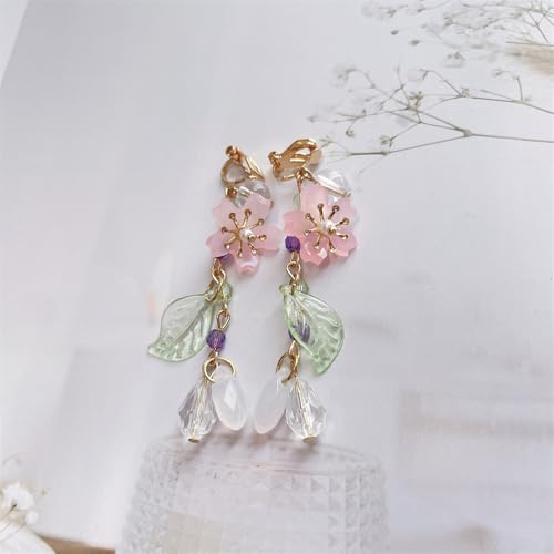 Clip on Pink Flower Pearl Leaf Long Fake Dangle Drop Earrings for Women Non Pierced Ear Dainty Cute Gold Plated Sakura Flower Statement Tassel Dangling Earrings Hypoallergenic Lightweight Fashion Trendy Jewelry