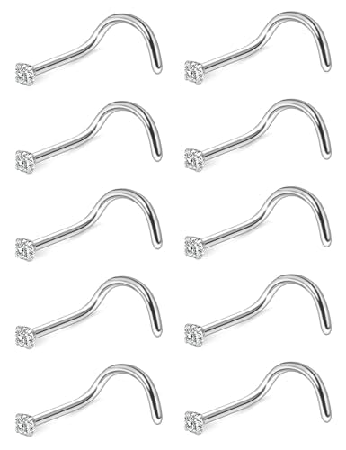 Nose Studs Surgical Steel Nose Rings Studs with Cubic Zirconia 10Pcs Tiny Nostril Rings for Women Screw Bone and L-Shaped Nostril Piercing Jewelry 24G 22G 20G 18G - color: silvertone,screw nose studs, size: 20g,1.5mm Clear CZ