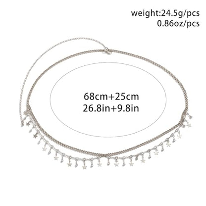 Gold Belly Chain Rhinestone Body Jewelry Chain Plated Waist Chains Layered Body Waist Summer Beach Bikini Jewelry for Women - style: star-silver
