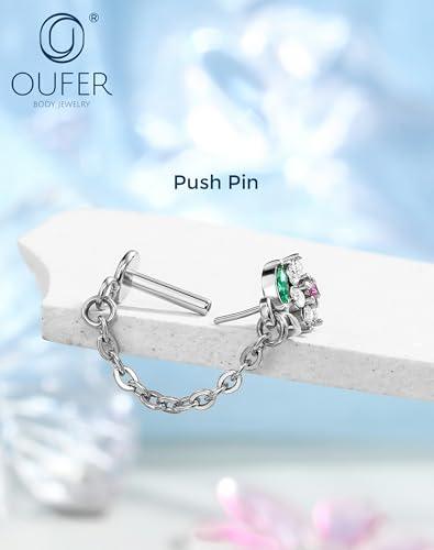 OUFER 16G Threadless Flat Back Cartilage Stud with Chain Dangle, Flower CZ Cluster Labret for Helix/Conch/Tragus/Lobe, 316L Stainless Steel, 6mm Post - color: Silver