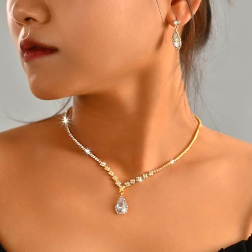 JAKAWIN Clip On Earrings and Necklace Set Silver Rhinestone Jewelry Sets - color: 2 Gold