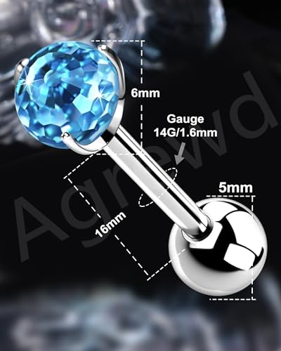 G23 Solid Titanium Tongue Rings, 14G Titanium Tongue Piercing Jewelry, 16MM Internally Thread Tongue Barbell - color: Blue