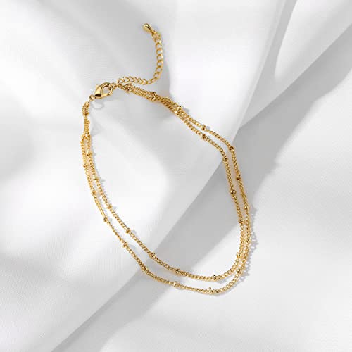 Pencros Dainty Layered Anklet,14K Gold Filled Cute Beads Satellite Chain Heart Boho Adjustable Anklets for Women - color: Layer Beads Gold