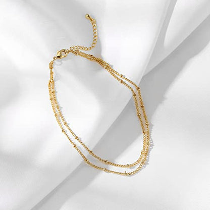 Pencros Dainty Layered Anklet,14K Gold Filled Cute Beads Satellite Chain Heart Boho Adjustable Anklets for Women - color: Layer Beads Gold
