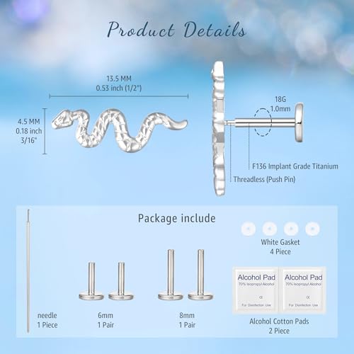limerencia G23 Hypoallergenic 18g Flat Back Stud Earrings | F136 Implant Grade Titanium Pressfit Threadless Push Pop in Cartilage Helix Labret Lip Monroe Tragus Flat Back Piercing Studs - color: Snake Silver