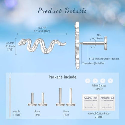 limerencia G23 Hypoallergenic 18g Flat Back Stud Earrings | F136 Implant Grade Titanium Pressfit Threadless Push Pop in Cartilage Helix Labret Lip Monroe Tragus Flat Back Piercing Studs - color: Snake Silver