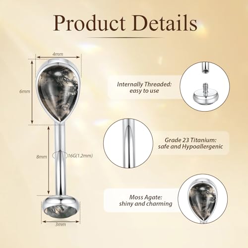 PEAKLINK G23 Titanium Eyebrow Ring 16G Rook Daith Tragus Helix Piercing Internal Threaded Curved Barbell Vertical Labret Lip Jewelry Small Belly Button Ring - color: Silver with Moss Agate