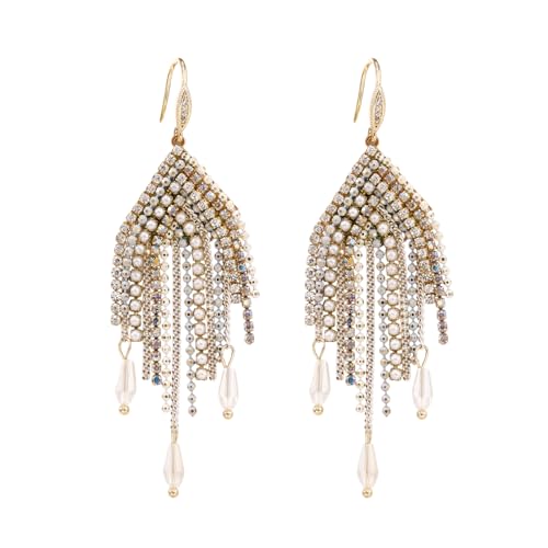 Fringe Dangling Tassel Earrings for Women, Handcrafted Chandelier Long Bohemian Beaded Cubic Zirconia Crystal Imitation Pearls Inlay Statement Boho Chain Hook Earrings for Wedding Party - color: White Gold Hook