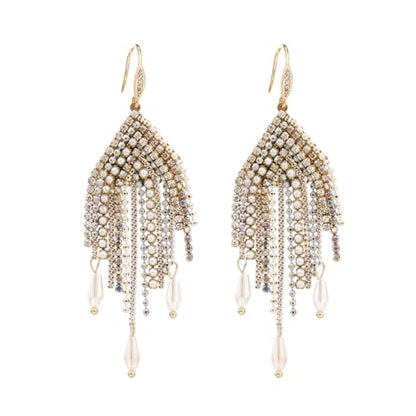 Fringe Dangling Tassel Earrings for Women, Handcrafted Chandelier Long Bohemian Beaded Cubic Zirconia Crystal Imitation Pearls Inlay Statement Boho Chain Hook Earrings for Wedding Party - color: White Gold Hook