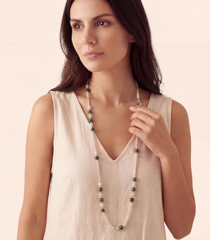 Long Beaded Necklaces for Women Pearl Stone Bead Strand - Layered Sweater Chain Elegant Mother's Day Jewelry Gifts - color: White&Green