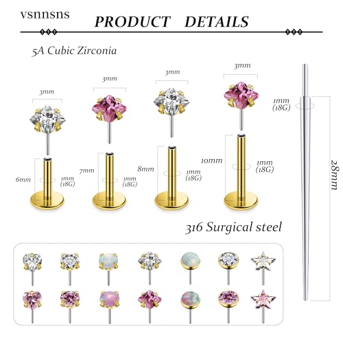 Vsnnsns 14K Gold Plated 16G 18G 20G Threadless Nose Rings Studs Flat Back Earrings Stainless Steel Tragus Helix Conch Earrings Stud Snake Bite Lip Rings Labret Medusa Piercing Jewelry for Women Men - color: 14K Gold Plated-18G-6MM 7MM 8MM 10MM Bar Lenght