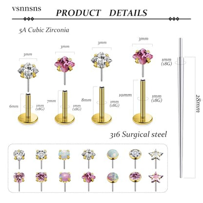 Vsnnsns 14K Gold Plated 16G 18G 20G Threadless Nose Rings Studs Flat Back Earrings Stainless Steel Tragus Helix Conch Earrings Stud Snake Bite Lip Rings Labret Medusa Piercing Jewelry for Women Men - color: 14K Gold Plated-18G-6MM 7MM 8MM 10MM Bar Lenght