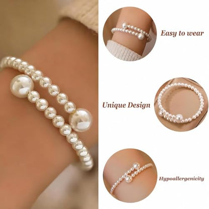 Pearl Bracelets for Women Dainty Gold Pearl Stretch Stackable Bracelet Bridesmaid Wedding Jewelry Gifts Prom Wedding Guest Dress - color: A:White Pearl Bracelet