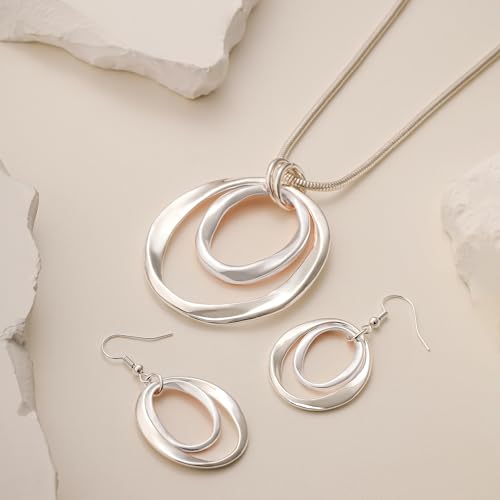 3 Circles Silver Hoop Earrings Necklace Set for Women Geometric Jewelry Set | 925 Silver Hypoallergenic Small Hoop Circle Geometry Textured Finish Minimalist Style Comfortable Wear - style: Silver Two Hoops