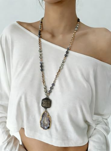 Yomisa Long Necklaces for Women Trendy, 33/34/35 inch | Boho Beaded Necklaces for Women, Natural Stone Pendant, Handmade Knotted Bead, Bohemian Holiday Summer Western Charm Jewelry - color: 34inch-Fossil