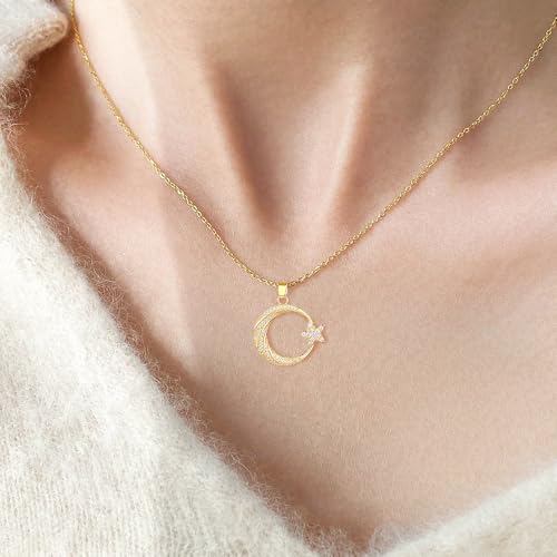 Dtja Round CZ Moon Star Pendant Necklace for Women 14K Gold Plated Stainless Steel Dainty Crystal Crescent Celestial Charms Adjustable Chain Choker Necklaces Cute Birthday Holiday Jewelry Gift 18"