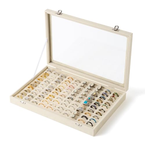 100 Slots Ring Organizer Tray,Velvet Ring Box with Clear Lid | Velvet Lining Provides Protection,Fits Rings of Various Sizes,Glass Lid Jewelry Tray,for Personal Use and Ring Display - color: Beige
