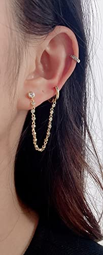 Personalized Double Piercing Round CZ Stud Small Hoop Cuff Cartilage Earrings for Women Teen Girls 925 Sterling Silver Post Cubic Zirconia Threader Chain Tassel Drop Dangle Delicate Two Holes Crystal Huggie Hoops Crawler Climbers Hypoallergenic Studs Fash