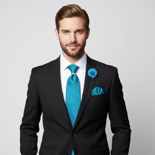 5PCS Mens Silk Tie, Pocket Square, Cufflinks, Drilled Tie Ring and Lapel Pin Set for Wedding Groom Party - color: Teal Tie Set -64
