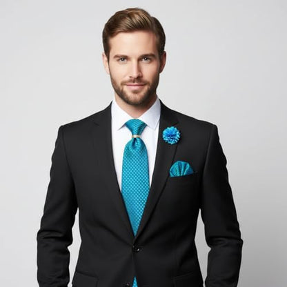 5PCS Mens Silk Tie, Pocket Square, Cufflinks, Drilled Tie Ring and Lapel Pin Set for Wedding Groom Party - color: Teal Tie Set -64