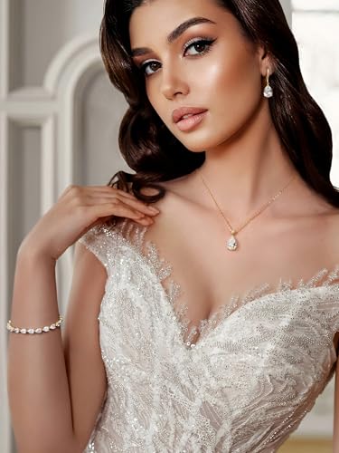 SWEETV Bridal Wedding Jewelry Set for Brides,Teardrop Bridesmaids Jewelry Set - color: S02 Gold