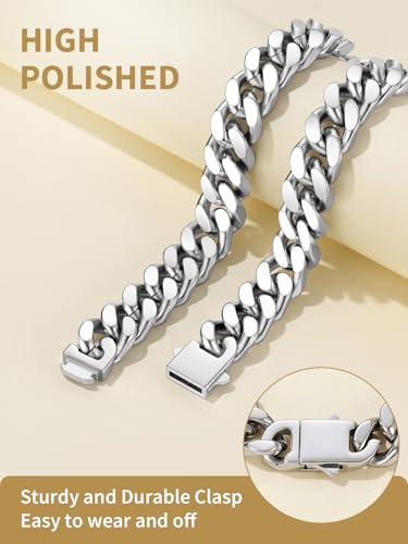 FindChic Cuban Link Chain Necklace for Women Men, Silver/Gold Plated Stainless Steel Solid Miami Curb Chain Hip Hop Punk Statement Jewelry, 5/12/14mm Width, 16/18/20 Inch Length, with Gift Box - color: 05. 14mm-Silver, size: 16inches
