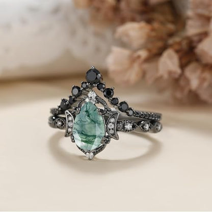Moss Agate Bridal Wedding Rings Set for Women 925 Sterling Silver | Plated Platinum/Black Gold, Gothic, Vintage, Engagement Promise Ring, Anniversary Valentine Day Birthday Gift for Her - style: Black Gold Plating New Moon Halo Ring