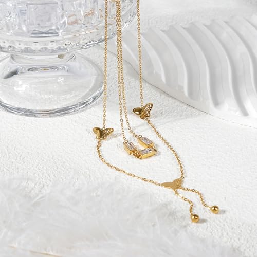 Emerald Cut Y Shaped Necklace for Women 18K Gold Plated Double Layered Y Lariat Necklace Jewelry Gift - color: Style11-White