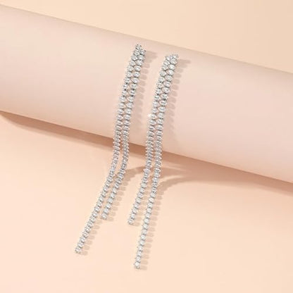 Rhinestone Earrings Prom Earrings for Women Sparkly Long Tassel Chandelier Drop Statement Earring Jewerly Gifts Wedding Party Prom Dresses Accessories - color: C1:silver